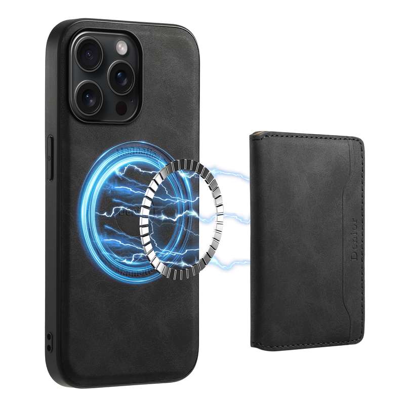 For iPhone 15 Pro Max Denior D13 Retro Texture Leather MagSafe Card Bag Phone Case(Black)