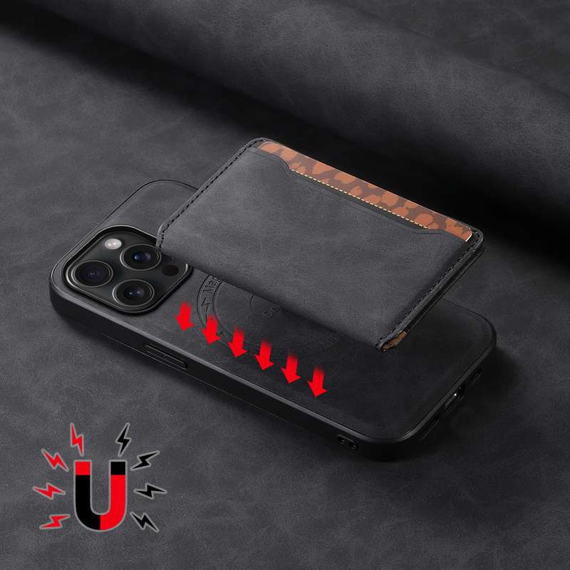 For iPhone 15 Pro Max Denior D13 Retro Texture Leather MagSafe Card Bag Phone Case(Black)