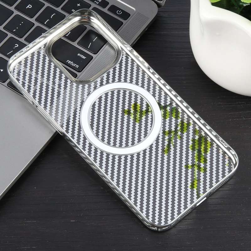 For iPhone 14 Plus 6D Plated Carbon Fiber Clear Magsafe PC Phone Case(Starlight Silver)