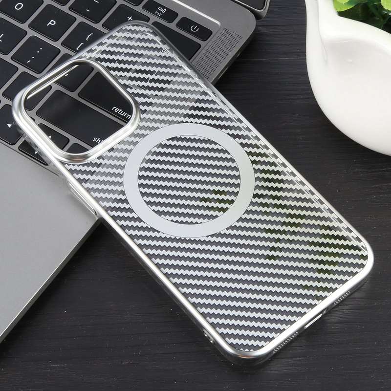 For iPhone 14 Pro Max 6D Plated Carbon Fiber Clear Magsafe PC Phone Case(Starlight Silver)