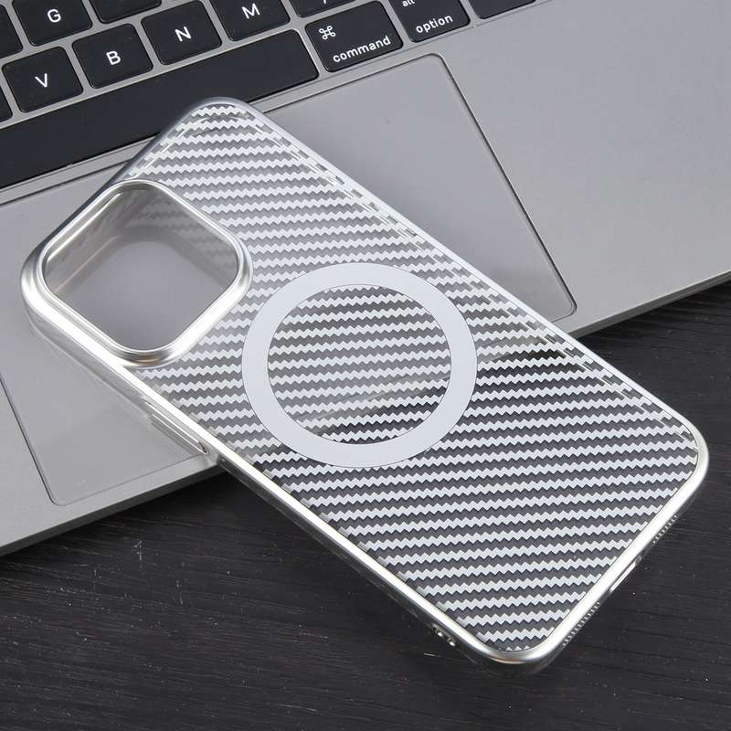 For iPhone 14 Pro Max 6D Plated Carbon Fiber Clear Magsafe PC Phone Case(Starlight Silver)