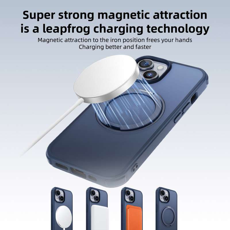 For iPhone 14 MagSafe Holder PC Hybrid TPU Phone Case(Matte Blue)