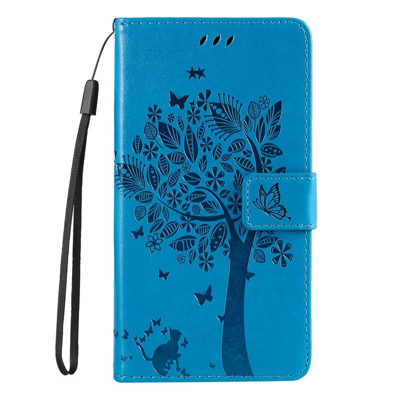 For iPhone 16 Pro Max Tree & Cat Embossed Pattern Flip Leather Phone Case(Blue)