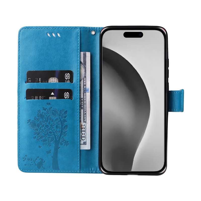 For iPhone 16 Pro Max Tree & Cat Embossed Pattern Flip Leather Phone Case(Blue)
