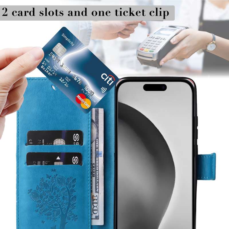 For iPhone 16 Pro Max Tree & Cat Embossed Pattern Flip Leather Phone Case(Blue)