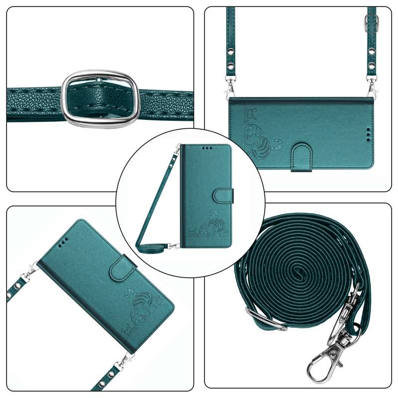 For iPhone 14 Pro Max Cat Rat Embossed Pattern RFID Leather Phone Case with Lanyard(Peacock Gre