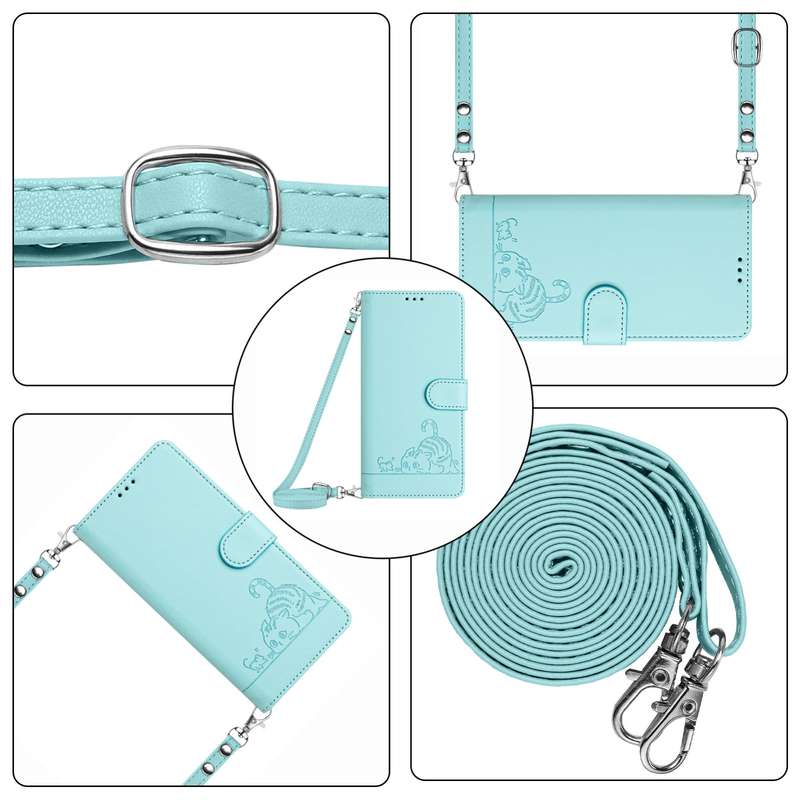 For iPhone XR Cat Rat Embossed Pattern RFID Leather Phone Case with Lanyard(Mint Green)