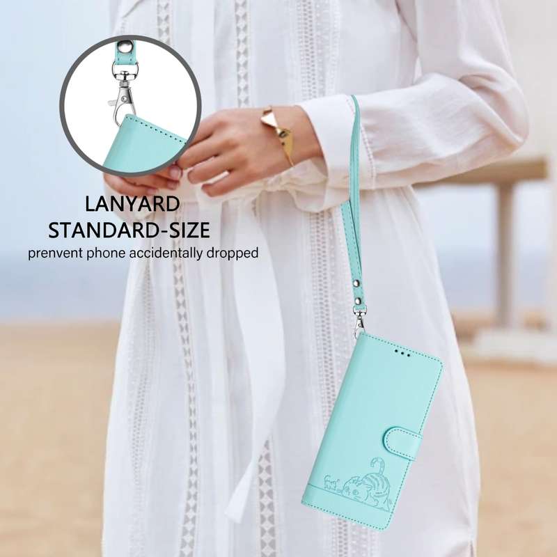 For iPhone XR Cat Rat Embossed Pattern RFID Leather Phone Case with Lanyard(Mint Green)