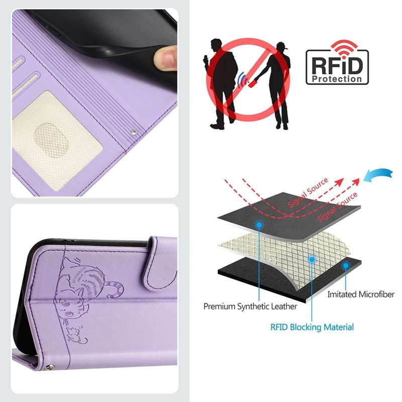For vivo Y53S 4G / Y51A 2021 Cat Rat Embossed Pattern RFID Leather Phone Case with Lanyard(Purp