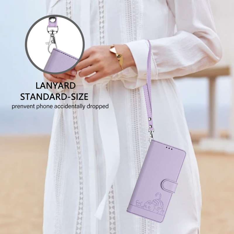 For vivo Y53S 4G / Y51A 2021 Cat Rat Embossed Pattern RFID Leather Phone Case with Lanyard(Purp