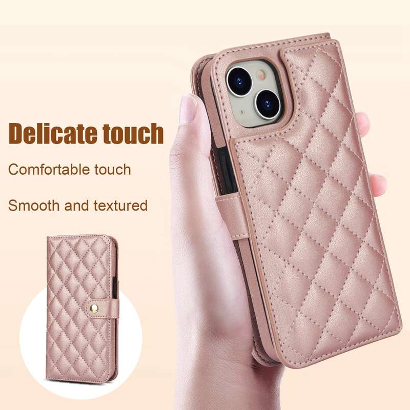 For iPhone 14 / 13 Crossbody Multifunction Rhombic Leather Phone Case(Rose Gold)