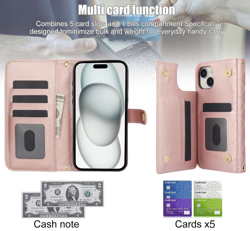 For iPhone 14 / 13 Crossbody Multifunction Rhombic Leather Phone Case(Rose Gold)