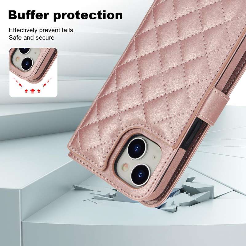 For iPhone 14 / 13 Crossbody Multifunction Rhombic Leather Phone Case(Rose Gold)