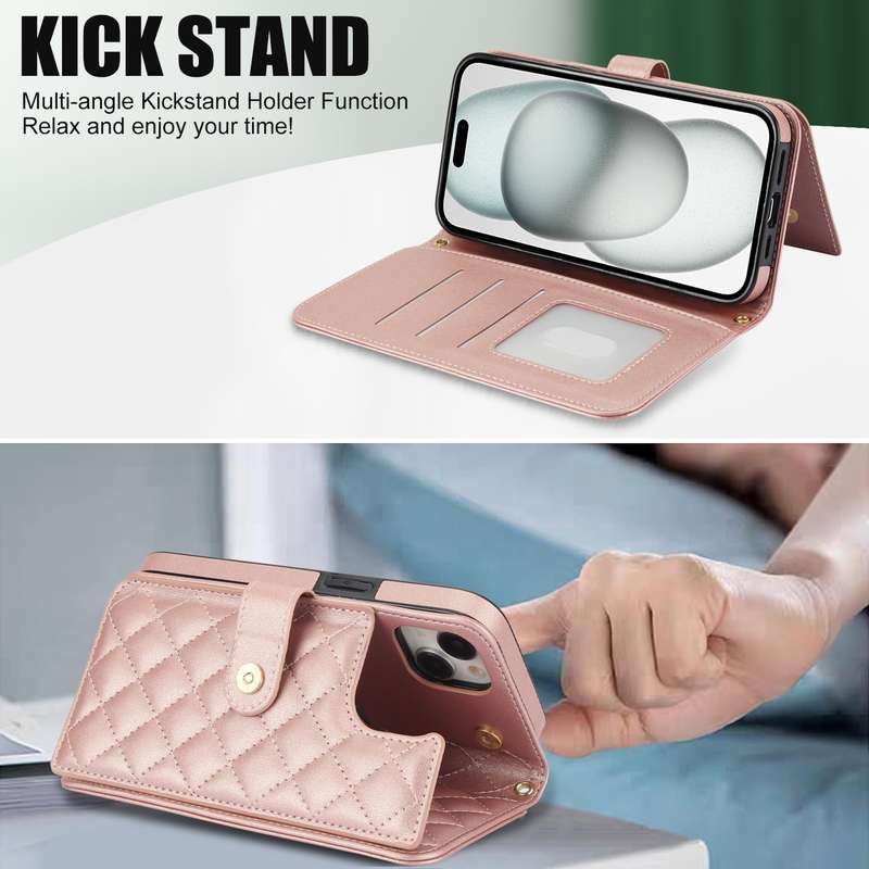 For iPhone 14 / 13 Crossbody Multifunction Rhombic Leather Phone Case(Rose Gold)