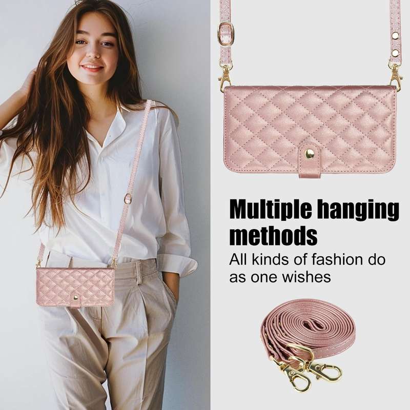 For iPhone 14 / 13 Crossbody Multifunction Rhombic Leather Phone Case(Rose Gold)