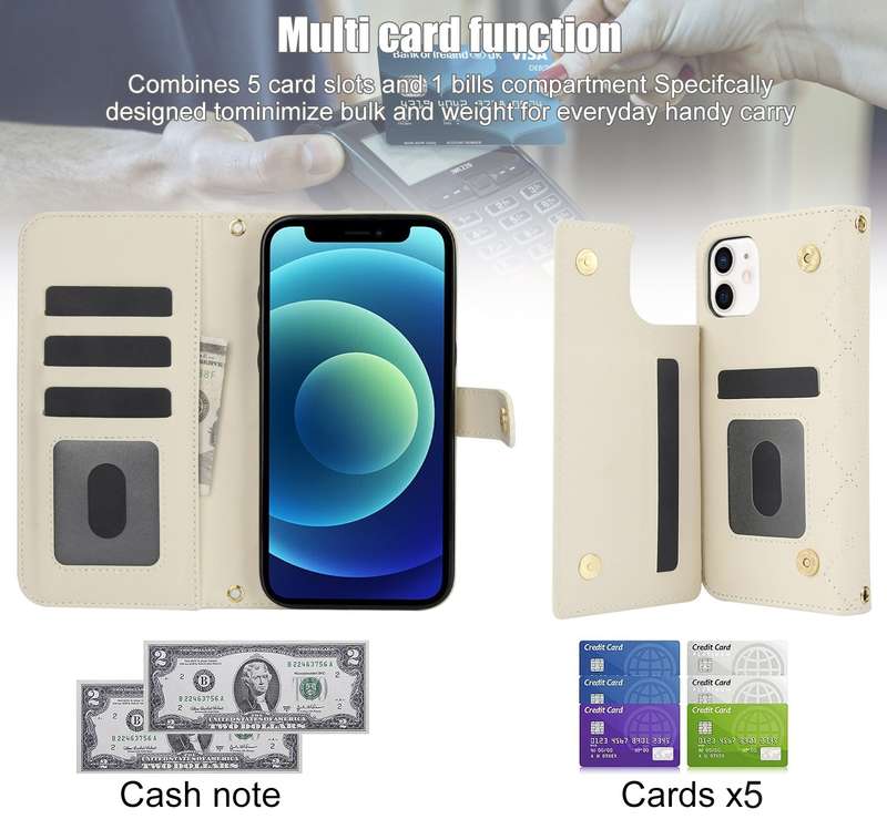 For iPhone 12 mini Crossbody Multifunction Rhombic Leather Phone Case(White)