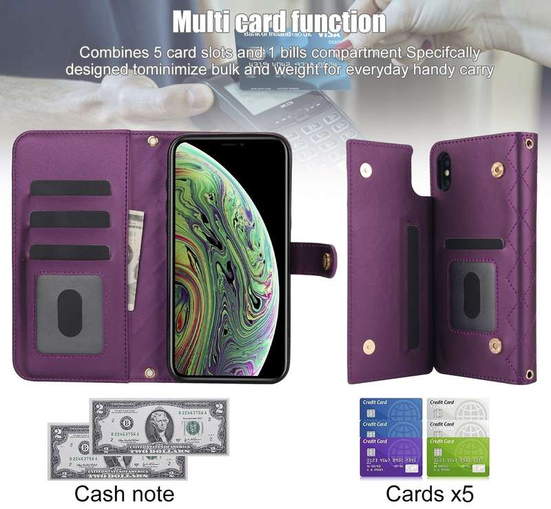 For iPhone X / XS Crossbody Multifunction Rhombic Leather Phone Case(Dark Purple)