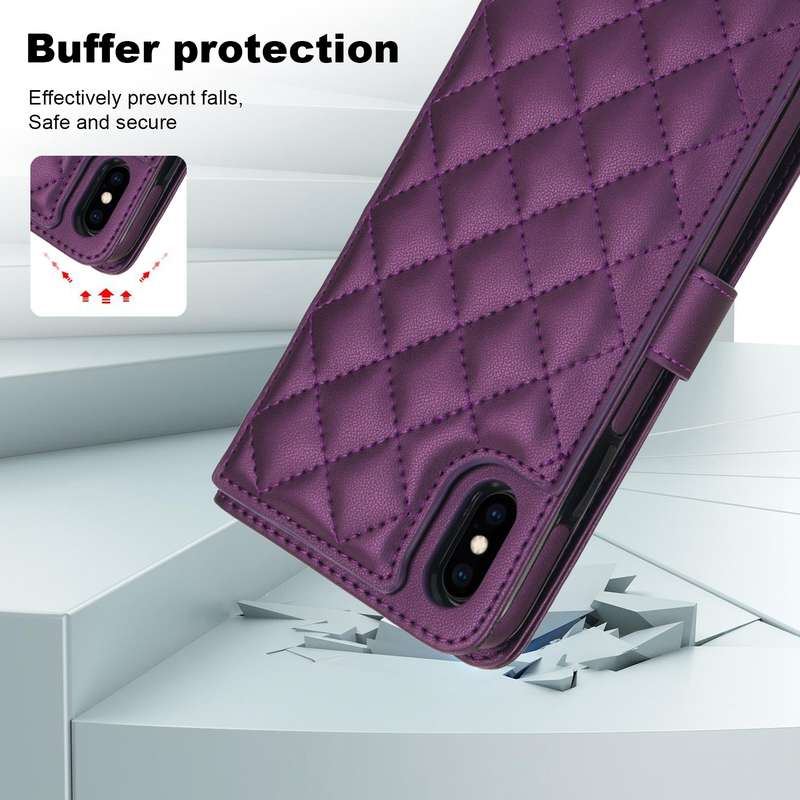 For iPhone XR Crossbody Multifunction Rhombic Leather Phone Case(Dark Purple)