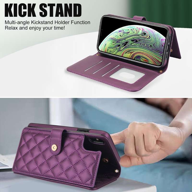 For iPhone XR Crossbody Multifunction Rhombic Leather Phone Case(Dark Purple)