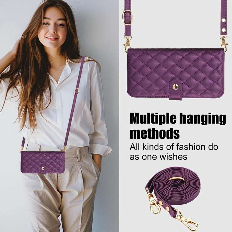 For iPhone XR Crossbody Multifunction Rhombic Leather Phone Case(Dark Purple)