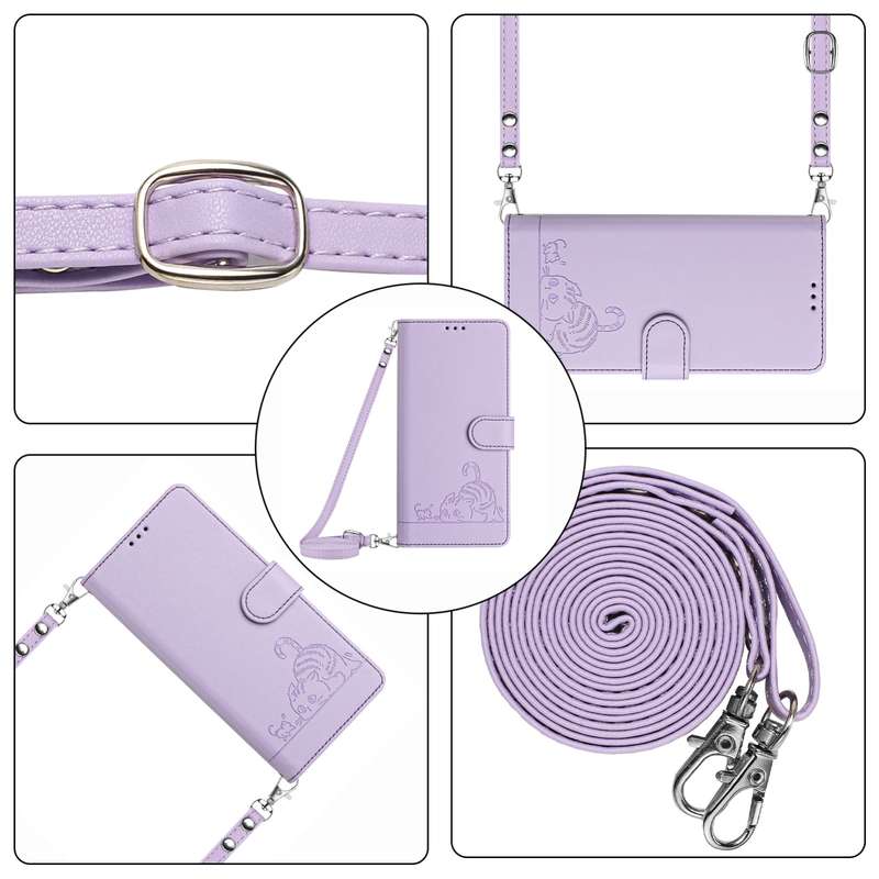 For Xiaomi POCO C65 Global Cat Rat Embossed Pattern RFID Leather Phone Case with Lanyard(Purple