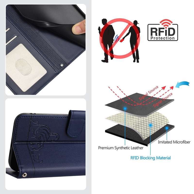 For Samsung Galaxy A42 5G/M42 Cat Rat Embossed Pattern RFID Leather Phone Case with Lanyard(Blu