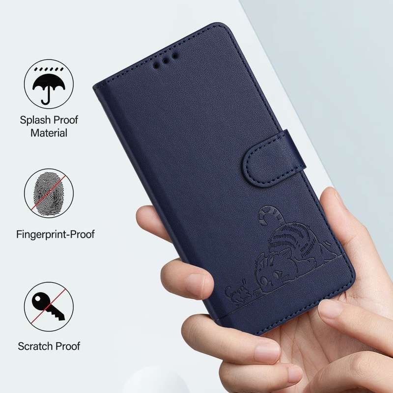 For Samsung Galaxy A42 5G/M42 Cat Rat Embossed Pattern RFID Leather Phone Case with Lanyard(Blu