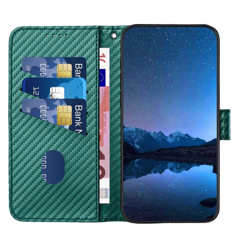 For Samsung Galaxy S10+ YX0070 Carbon Fiber Buckle Leather Phone Case with Lanyard(Dark Green)