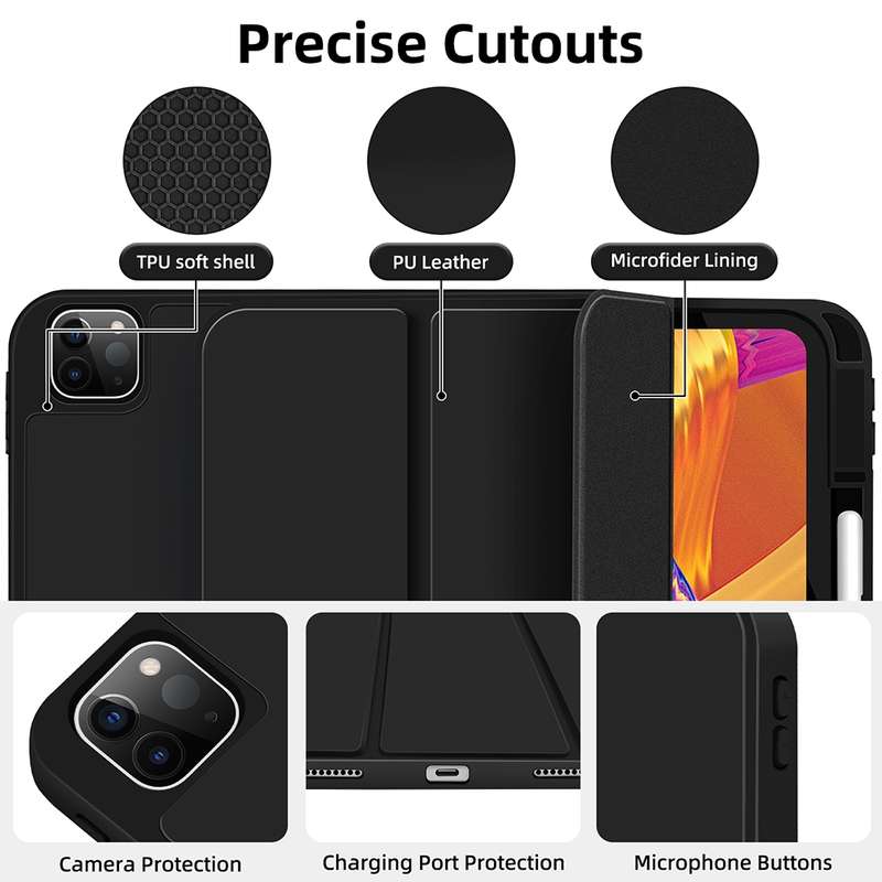 For iPad Pro 12.9 3-fold TPU Smart Leather Tablet Case with Pen Slot(Black)