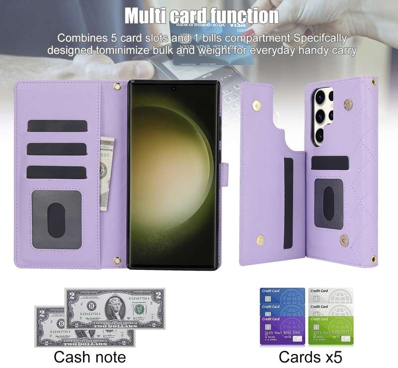 For Samsung Galaxy S23 Ultra 5G Crossbody Multifunction Rhombic Leather Phone Case(Purple)
