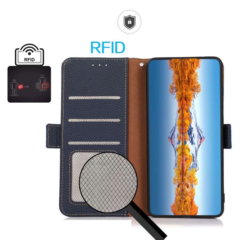 For iPhone 16 Pro KHAZNEH Side-Magnetic Litchi Genuine Leather RFID Case(Blue)