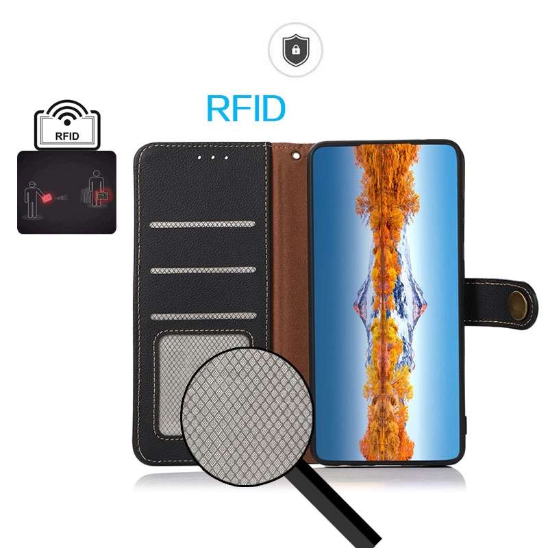 For iPhone 16 Plus KHAZNEH Custer Genuine Leather RFID Phone Case(Black)