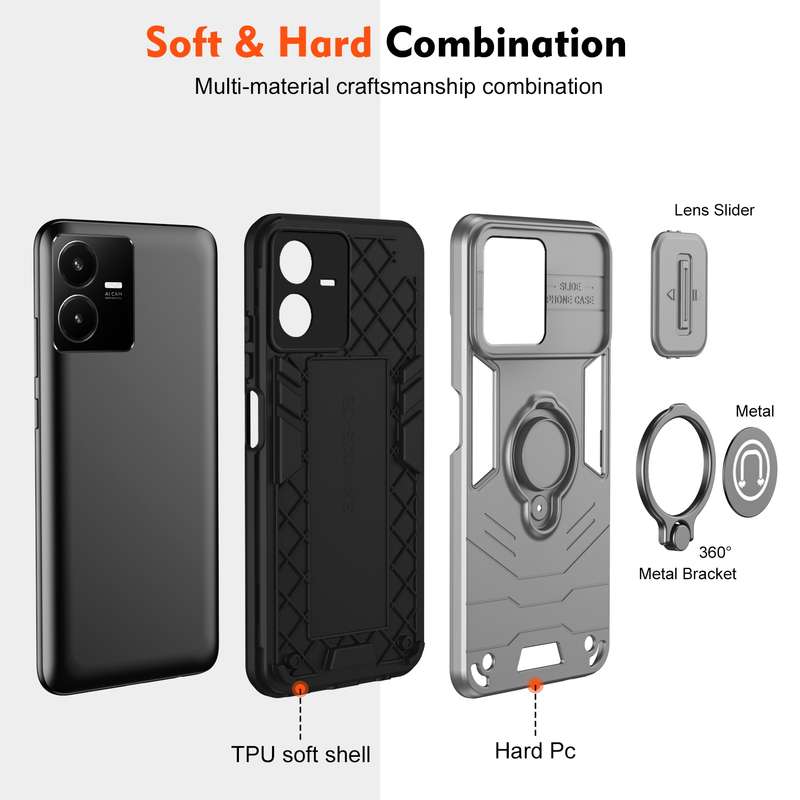 For vivo Y22 / Y22s / Y35 Camshield Ring Holder Phone Case(Grey)