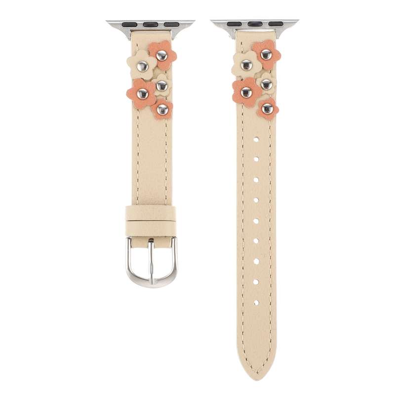 For Apple Watch Series 4 40mm Stitched Flower Leather Watch Band(Khaki)