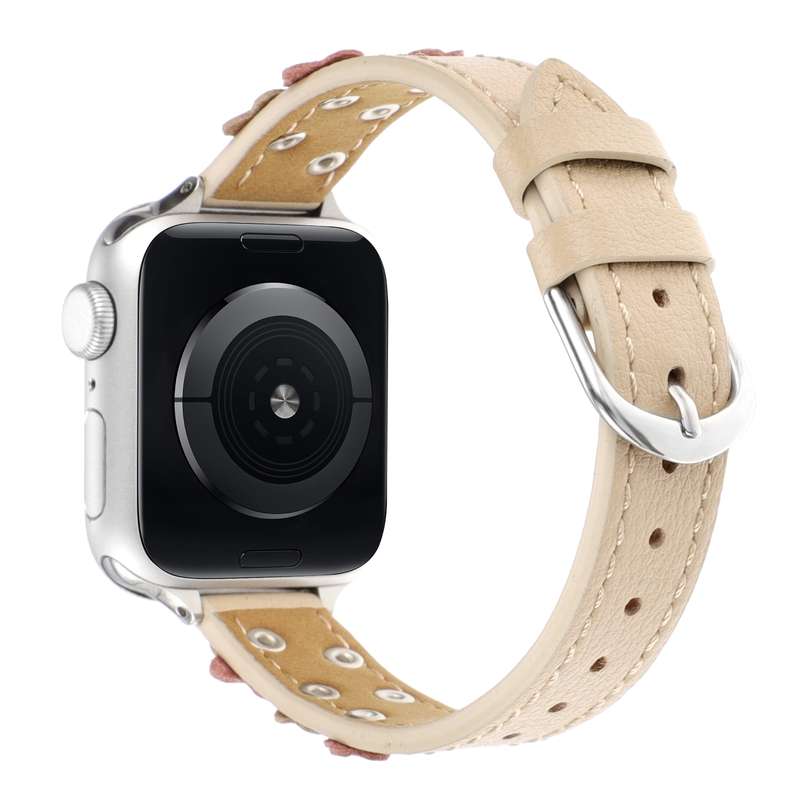 For Apple Watch Series 4 40mm Stitched Flower Leather Watch Band(Khaki)