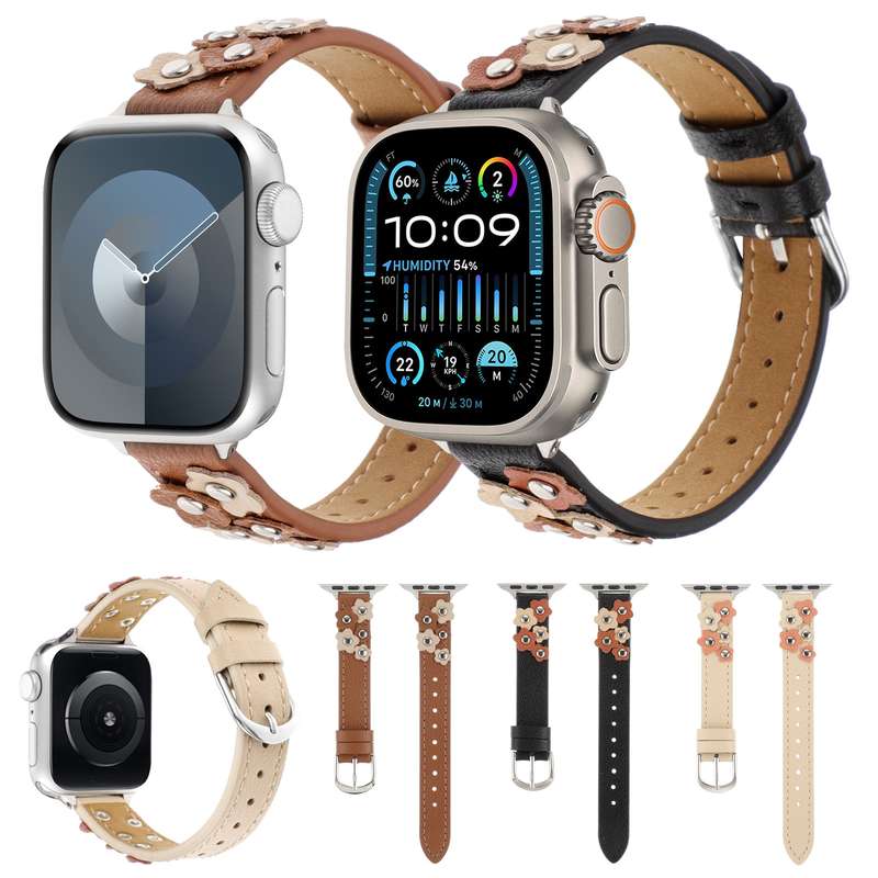 For Apple Watch Series 4 40mm Stitched Flower Leather Watch Band(Khaki)