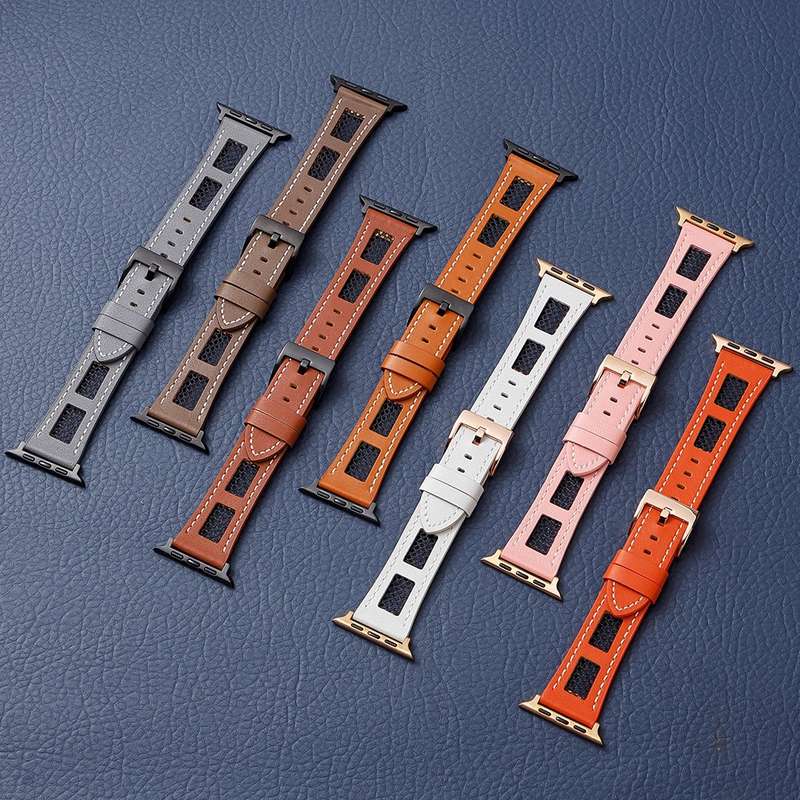 For Apple Watch SE 2023 40mm Mesh Calfskin Genuine Leather Watch Band(Grey)