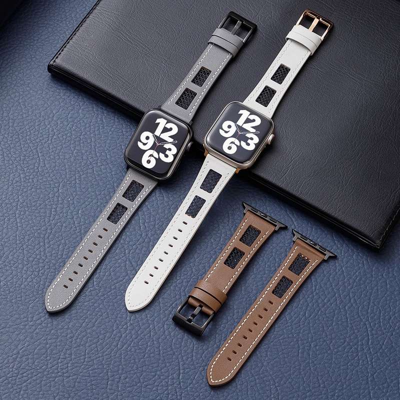 For Apple Watch SE 2023 40mm Mesh Calfskin Genuine Leather Watch Band(Grey)