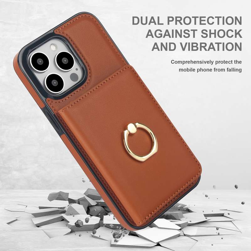 For iPhone 14 Pro Max RFID Anti-theft Card Ring Holder Phone Case(Brown)