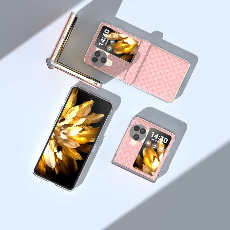 For OPPO Find N3 Flip 3 in 1 Woven Texture Transparent Frame PU Phone Case(Pink)