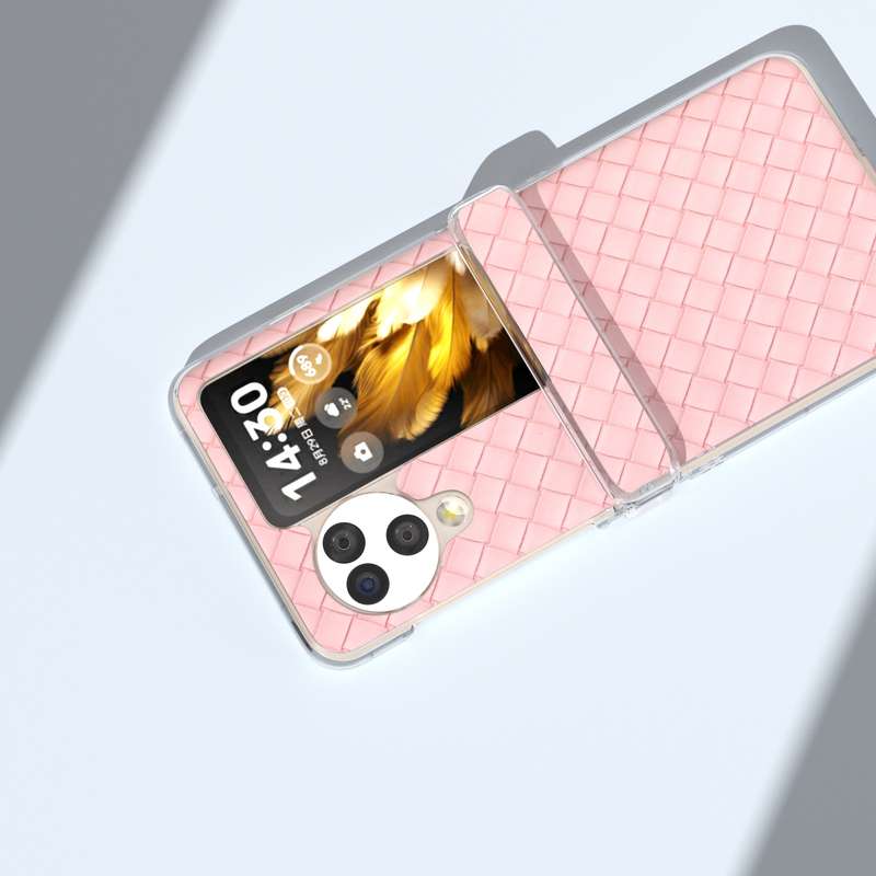 For OPPO Find N3 Flip 3 in 1 Woven Texture Transparent Frame PU Phone Case(Pink)