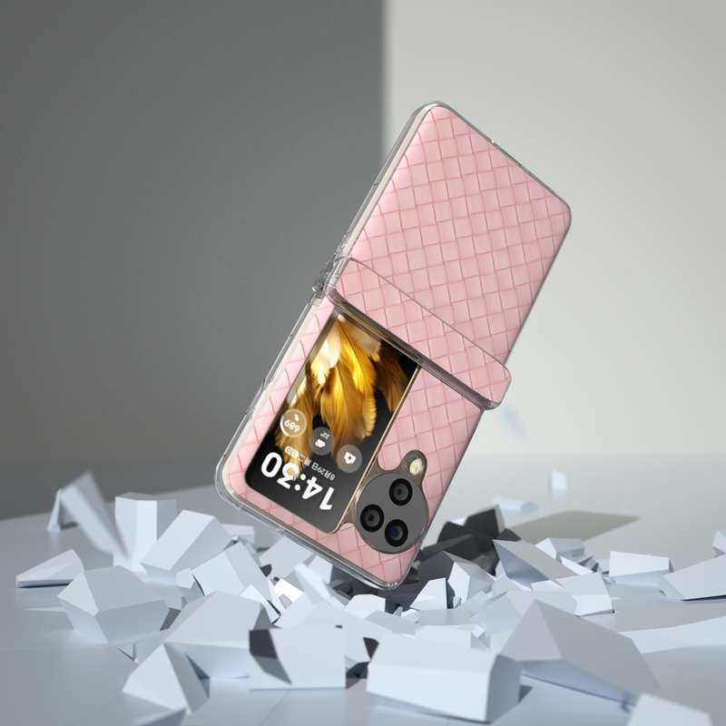 For OPPO Find N3 Flip 3 in 1 Woven Texture Transparent Frame PU Phone Case(Pink)