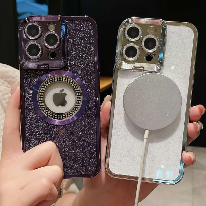For iPhone 15 Pro Starry Glitter MagSafe Lens Holder Phone Case(Blue)