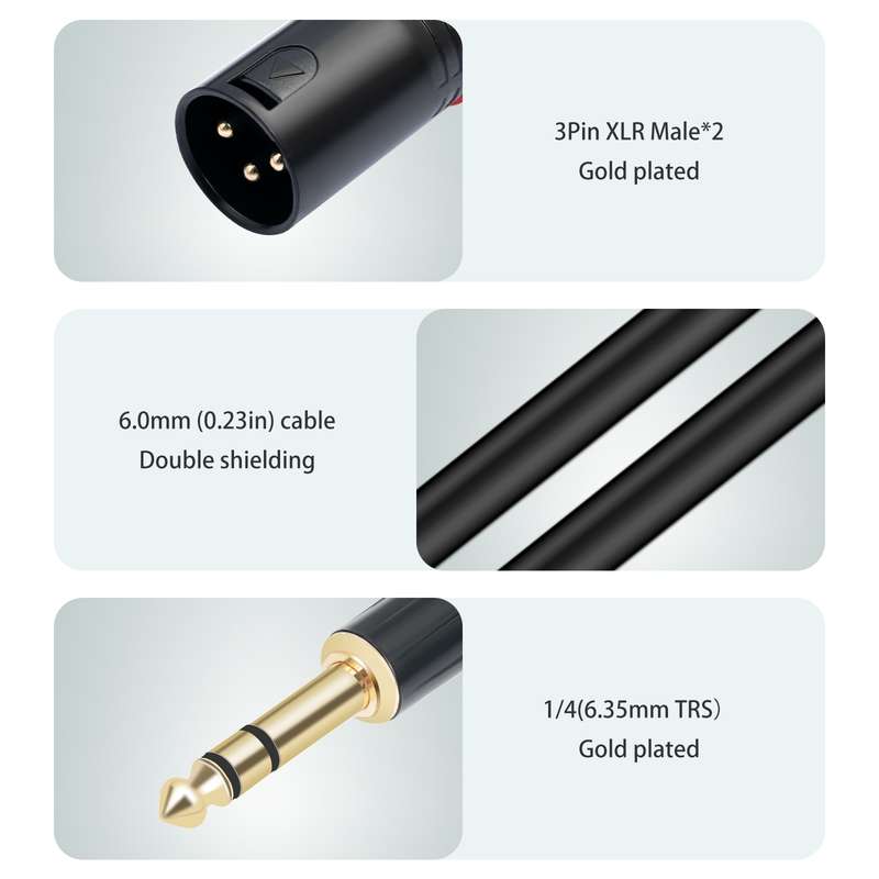 TC145YXK108RE-10 6.35mm 1/4 TRS Male to Dual XLR Male Audio Cable, Length:2m(Black)