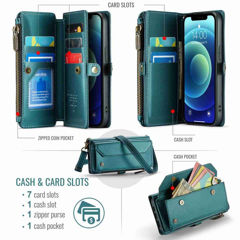 For iPhone 12 CaseMe C36 Card Slots Zipper Wallet RFID Anti-theft Leather Phone Case(Blue-green