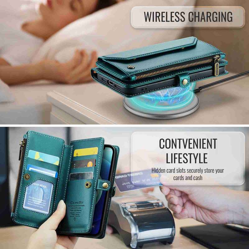 For iPhone 12 CaseMe C36 Card Slots Zipper Wallet RFID Anti-theft Leather Phone Case(Blue-green
