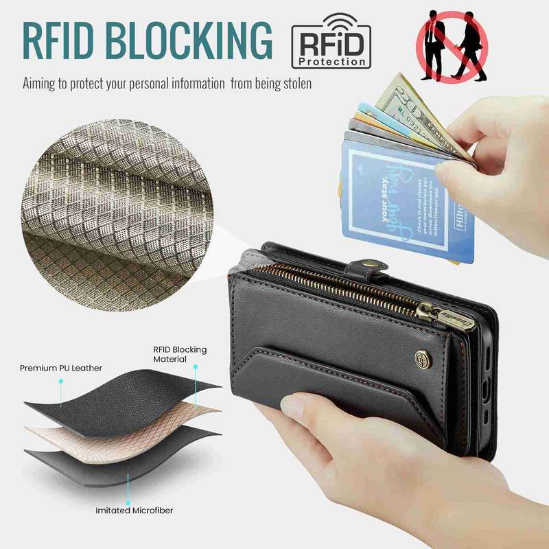 For iPhone 14 CaseMe C36 Card Slots Zipper Wallet RFID Anti-theft Leather Phone Case(Black)