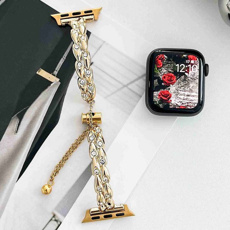 For Apple Watch Series 7 45mm Rhinestone Peacock Metal Bracelet Watch Band(Gold)