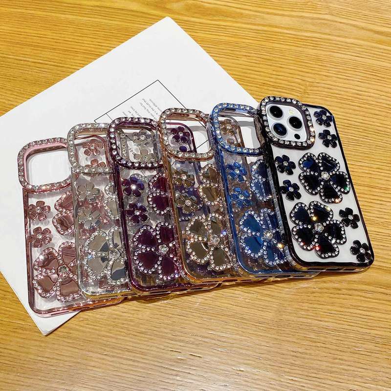 For iPhone 15 Pro Max Electroplating Flower Diamond TPU Phone Case(Pink)