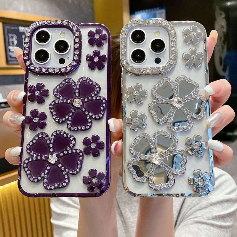 For iPhone 15 Pro Max Electroplating Flower Diamond TPU Phone Case(Pink)